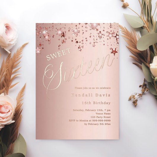Invitation En Aluminium Rose gold script stars modern Sweet 16