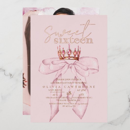 Invitation En Aluminium Rose Gold Sweet 16 Bow Anniversaire (Recto/Verso)