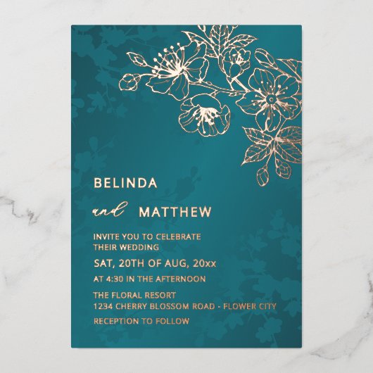 Invitation En Aluminium Rose Gold Teal Floral Wedding (Recto)
