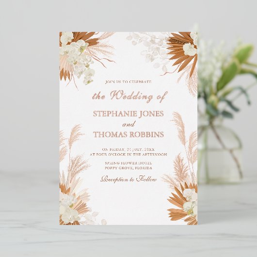 Invitation En Aluminium Rose Gold Terracotta Pampas Mariage Orchidée en he (Debout devant)