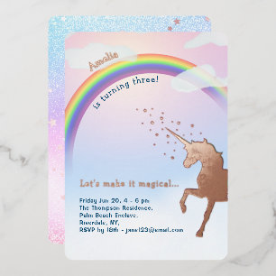 Invitation En Aluminium Rose Gold Unicorn Rainbow Parties scintillant Magi