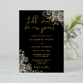 Invitation En Aluminium Rose gothique Floral Mariage Noir et Or (Debout devant)