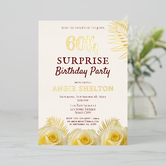 Invitation En Aluminium Rose jaune 60e fête d'anniversaire surprise Or (Debout devant)