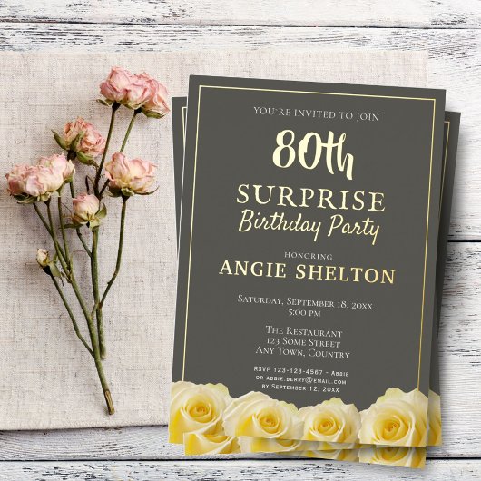 Invitation En Aluminium Rose jaune 80e fête d'anniversaire surprise