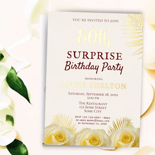 Invitation En Aluminium Rose jaune 80e Surprise Anniversaire de fête Or