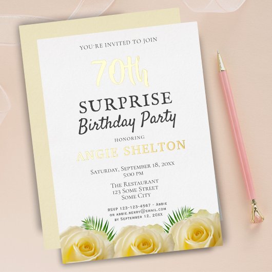 Invitation En Aluminium Rose jaune Floral 70e fête d'anniversaire surprise