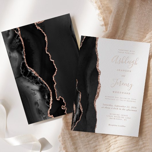 Invitation En Aluminium Rose moderne Gold Black Agate Mariage