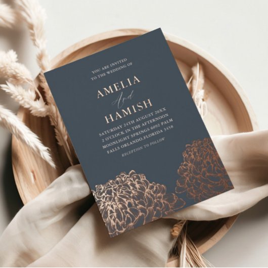 Invitation En Aluminium Rose moderne Gold & Blue Floral Mariage