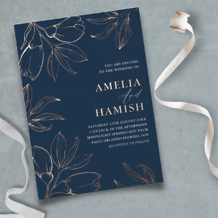 Invitation En Aluminium Rose moderne Gold & Blue Floral Mariage