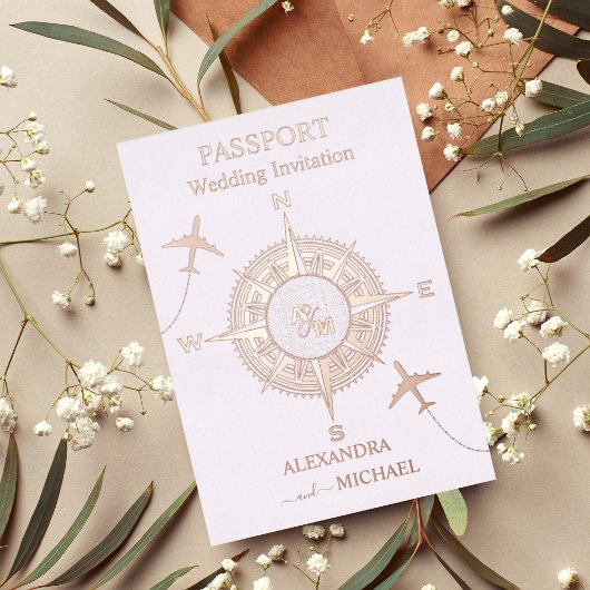 Invitation En Aluminium Rose moderne Gold Destination Passport Mariage Inv