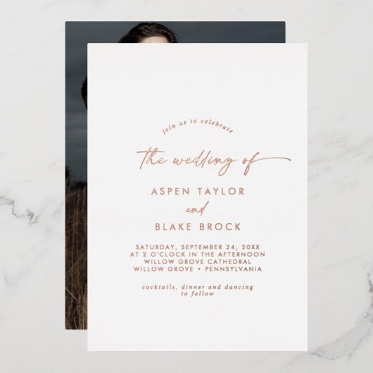 Invitation En Aluminium Rose moderne Gold Foil Script Mariage photo (Recto/Verso)