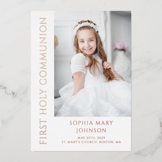 Invitation En Aluminium Rose moderne Gold Photo Girl First Communion (Recto)