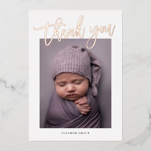 Invitation En Aluminium Rose moderne Gold Script photo Baby Merci (Recto)