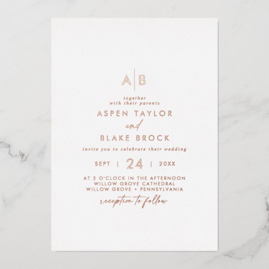 Invitation En Aluminium Rose moderne  or Foil Script Monogramme Mariage (Recto)