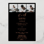 Invitation En Aluminium Rose moderne or noir initiales 4 photos mariage (Recto)