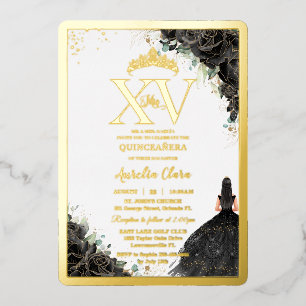Invitation En Aluminium Rose noir Floral Quinceañera Quince 15 XV Or