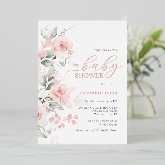 Invitation En Aluminium Rose or Blush Floral Butterfly Baby shower (Debout devant)