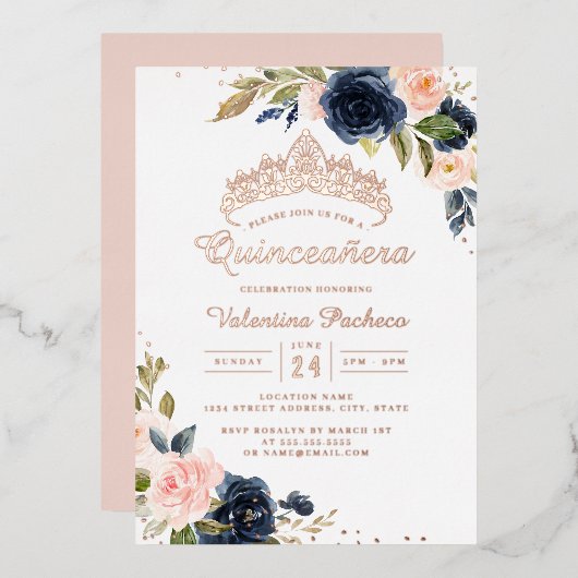 Invitation En Aluminium ROSE OR FOIL Marine Blush Quinceanera (Recto/Verso)