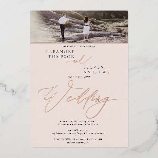 Invitation En Aluminium rose or script blush 2 photos mariage (Recto)