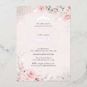 Invitation En Aluminium Rose Pâle Douce Papillon Argent Quinceanera
