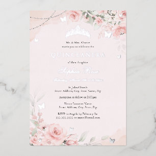 Invitation En Aluminium Rose Pâle Douce Papillon Argent Quinceanera