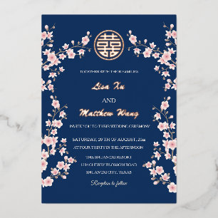 Invitation En Aluminium Rose Pâle Fleur de Cerisier Mariage Chinois Bleu
