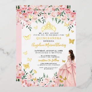 Invitation En Aluminium Rose Pâle Floral Papillon Quinceanera Or