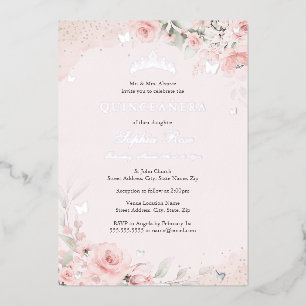 Invitation En Aluminium Rose papillon argent rose poudrée Quinceanera 15èm