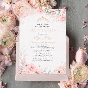 Invitation En Aluminium Rose Papillon Blush Rose Argent Quinceanera