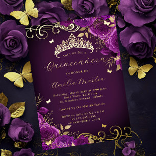 Invitation En Aluminium Rose Pourpre Floral Or Tourbillon Quinceanera