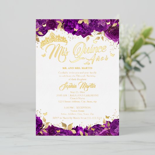 Invitation En Aluminium Rose pourpre Mis Quince Quinceanera (Debout devant)