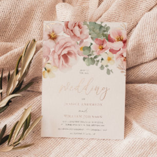 Invitation En Aluminium Rose Poussiéreuse Aquarelle Florale Mariage Rose O