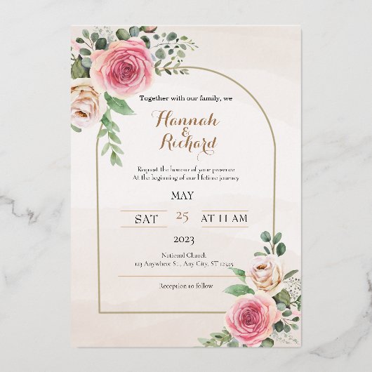 Invitation En Aluminium Rose poussiéreux et mariage floral rouxFoil Invita (Recto)