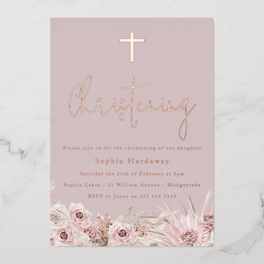 Invitation En Aluminium Rose Poussiéreux Mauve Fille Christening Rose Or (Recto)