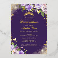 Rose Purple Gold Butterfly Floral Quinceanera