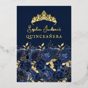 Invitation En Aluminium Rose Quinceanera Florale Or Navy