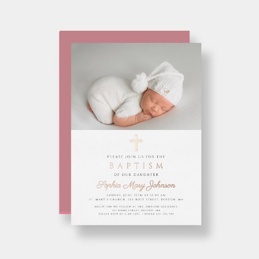 Invitation En Aluminium Rose religieux Croix d'or fille photo Baptême
