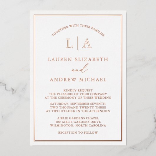 Invitation En Aluminium Rose romantique Gold Foil Monogramme Mariage front (Recto)