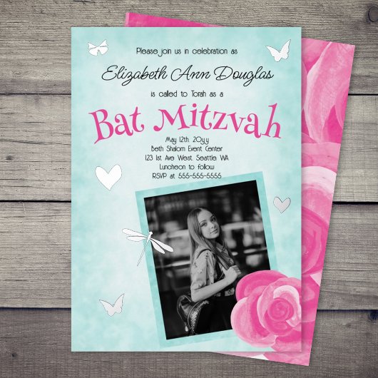 Invitation En Aluminium Rose rose, Bleu d'Aqua, Bat mitzvah Charms d'Argen