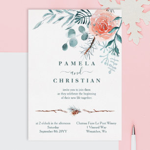Invitation En Aluminium Rose rose, feuilles d'hiver vert clair Mariage