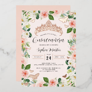 Invitation En Aluminium Rose Rose Or Floral Tiara Butterfly Quinceanera