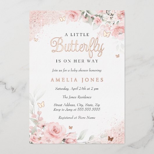 Invitation En Aluminium Rose rose pâle Baby shower papillon (Recto)