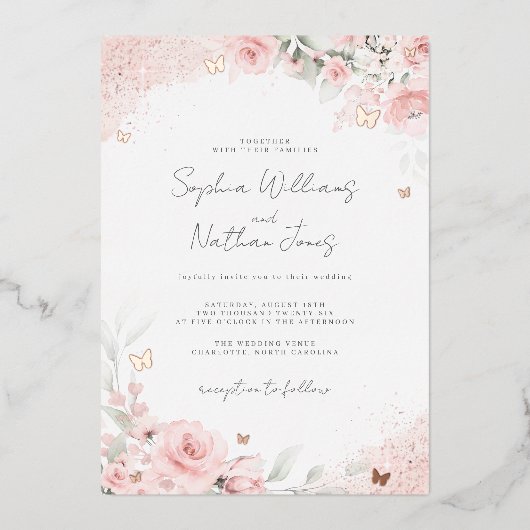 Invitation En Aluminium Rose rose pâle Mariage papillon (Recto)