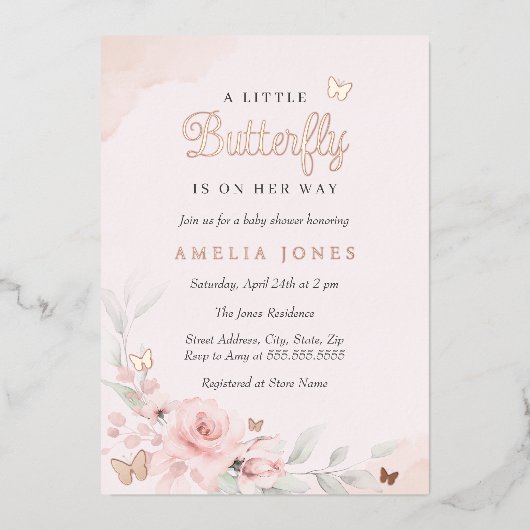 Invitation En Aluminium Rose rose  papillon Baby shower (Recto)