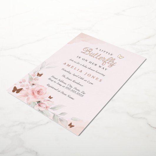 Invitation En Aluminium Rose rose  papillon Baby shower (Rotation)