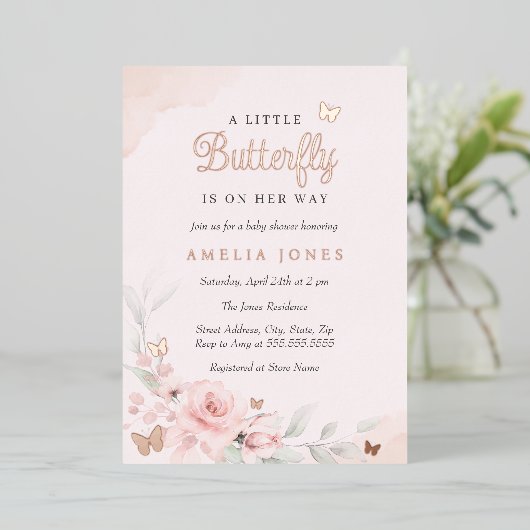 Invitation En Aluminium Rose rose  papillon Baby shower (Debout devant)