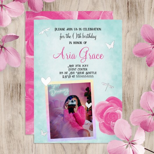 Invitation En Aluminium Rose rose, Turquoise, Charms Argent Fête d'anniver