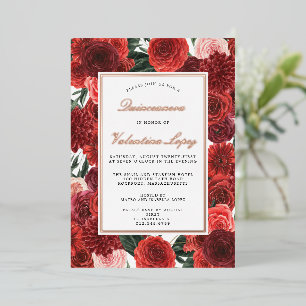 Invitation En Aluminium Rose rouge Floral Quinceanera Elegant Gold Foil In