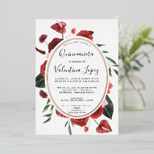 Invitation En Aluminium Rose rouge florale Quinceanera élégant or