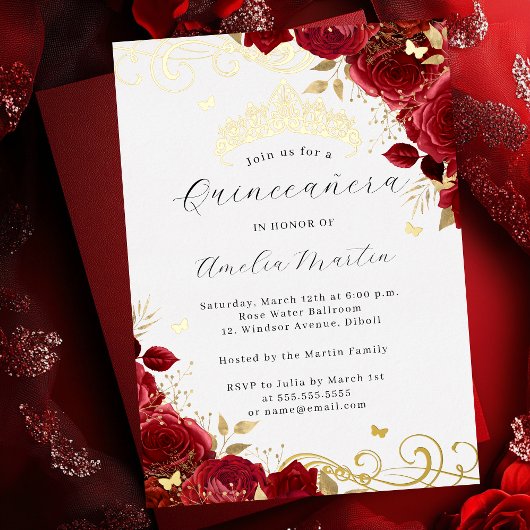 Invitation En Aluminium Rose rouge or florale Quinceanera